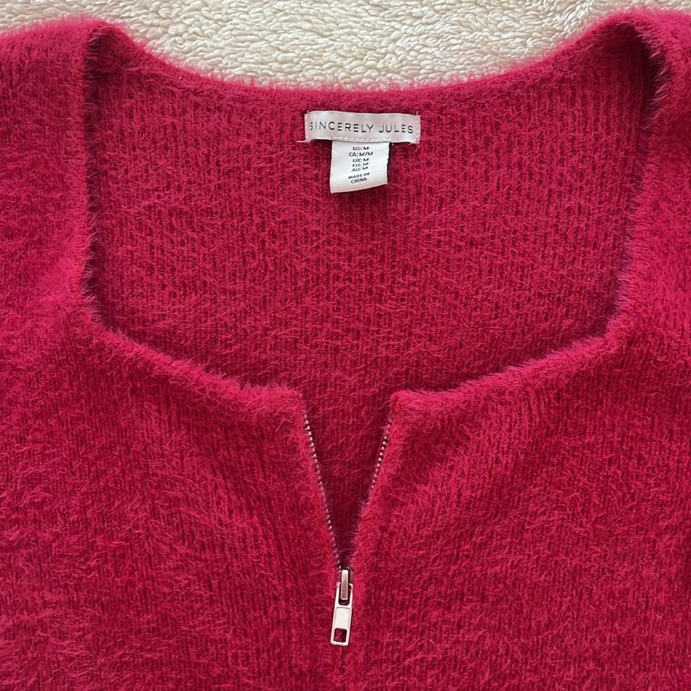 Sincerly Jules Fuzzy Raspberry Zip-Front Cardigan - Picture 7 of 8